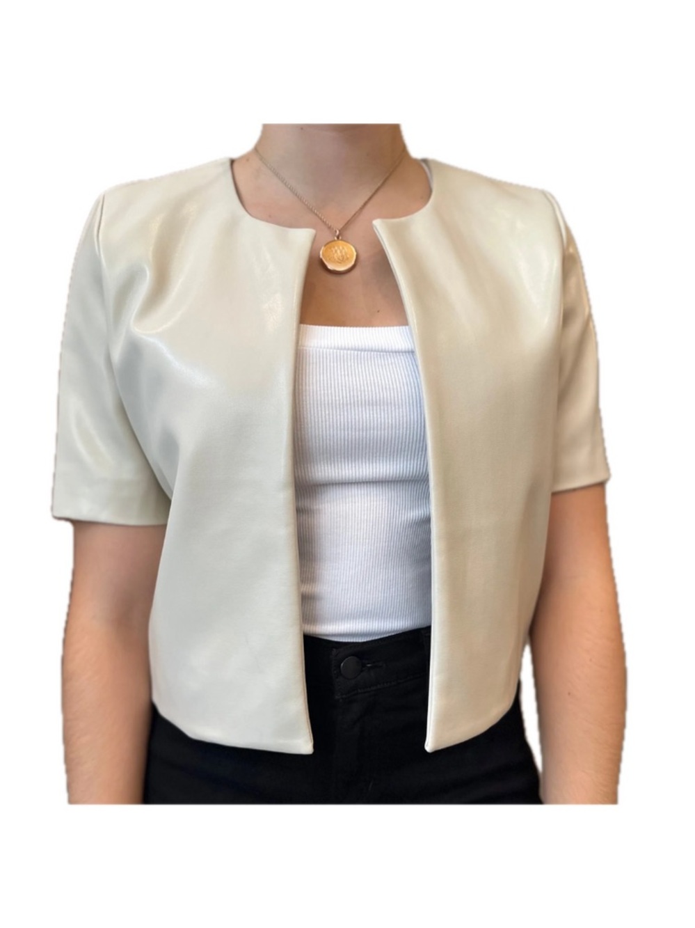 Women's Short Sleeve Open Front Cream Jacket